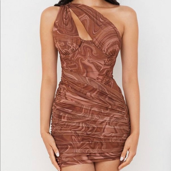 Asymmetric brown swirl corset bodycon dress - Picture 2 of 4